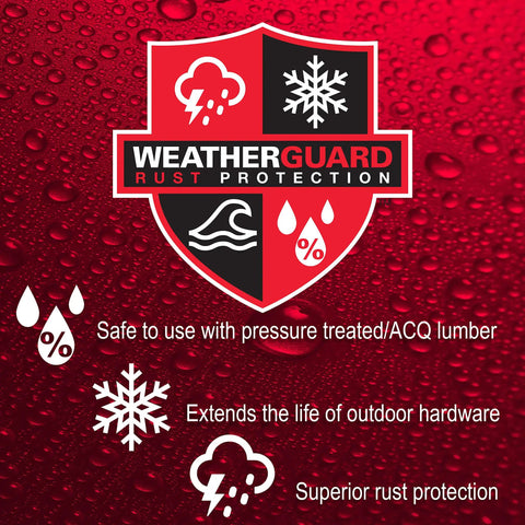 WeatherGuard rust protection logo shield featuring symbols for weather resistance and durable use for outdoor hardware.