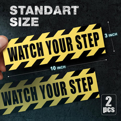Watch Your Step Adhesive Vinyl Stickers Pack Two Count 10x3 Inch Bright Yellow And Black Hazard Signage For Doors Stairs Thresholds And Public Spaces, 2 pcs