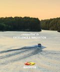 Speedboat on lake during sunset with trees, text 'committed to excellence & innovation' above.