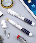 Three Piece No Clean Soldering Pen Rosin Solder Pen For Electronics Tabbing Wiring Liquid Solder For PCB Board Maintenance And Welding Pro Grade Tools 5.6 Inch Length Grab And Go Soldering Kit shown on a desk with tools and electronics.