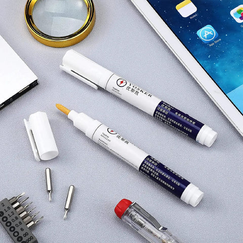 Three Piece No Clean Soldering Pen Rosin Solder Pen For Electronics Tabbing Wiring Liquid Solder For PCB Board Maintenance And Welding Pro Grade Tools 5.6 Inch Length Grab And Go Soldering Kit shown on a desk with tools and electronics.