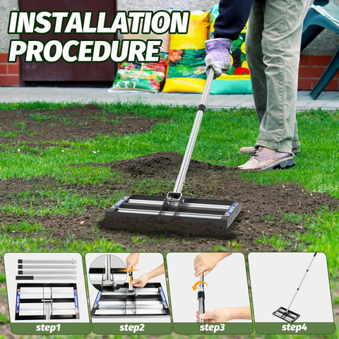 Pro Grade Heavy Duty Lawn Leveling Rake With Aluminum Rollers And Stainless Steel Build, installation procedure in garden