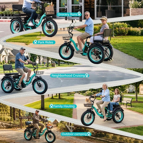 Two Seater Electric Trike For Adults With Passenger Seat And Foldable Frame 1350W Peak Motor 48V 15.6Ah Battery 20x4 Fat Tires 3 Wheel Ebike With Rear Differential Steel Frame Green used for grocery runs, park rides, and family hauling