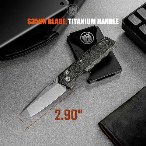 Ultra Thin EDC Knife With 2.9 Inch S35VN Blade And Titanium Handle, Precision Ground Tanto on grey surface.