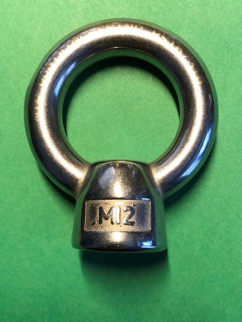 Tough As Nails Marine Grade Stainless Steel 316 M12 Lifting Eye Nut showing eye bolt design on green background.
