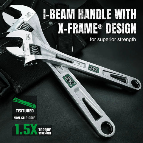 10 Inch Adjustable Wrench With 1-7/16 Inch Jaw Opening Chrome Vanadium Steel Rust Resistant Heat Treated Finish on black surface