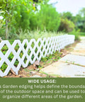 Garden Edging Border Kit 10 Pack 23x8.5 Inch White Plastic Fence Panels installed along a garden pathway, defining the edge