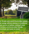 Solar Panel Kit For Automatic Gate Openers With 10 Watt Output installed on a tubular steel bracket near a garden gate