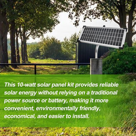 Solar Panel Kit For Automatic Gate Openers With 10 Watt Output installed on a tubular steel bracket near a garden gate
