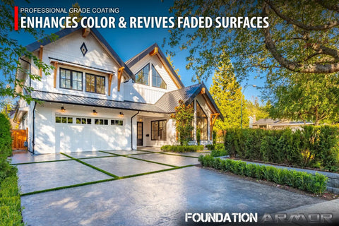 5 Gallon High Gloss Wet Look Solvent Based Acrylic Concrete Sealer and Paver Sealer on a decorative driveway with grass accents.