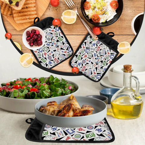 Funny Mahjong Inspired Pot Holders For Kitchen, quirky decor with food and oil in the background.