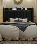 Queen Size Velvet Bed Frame With Storage Headboard And Charging Station Black Upholstered Bookshelf Base Keeping Your Phones Juiced For Solid Bedroom Vibes with decorative pillows and elegant decor.