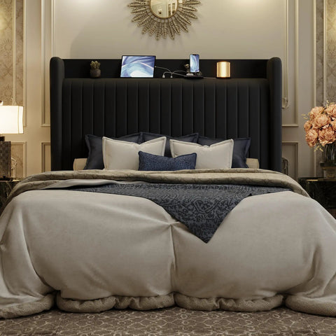 Queen Size Velvet Bed Frame With Storage Headboard And Charging Station Black Upholstered Bookshelf Base Keeping Your Phones Juiced For Solid Bedroom Vibes with decorative pillows and elegant decor.