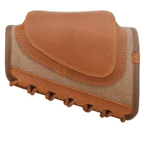 Rugged Leather And Canvas Gun Buttstock Cheek Rest Riser With Shell Holder For Scoped Rifle Brown Color One Inch Cheek Pad