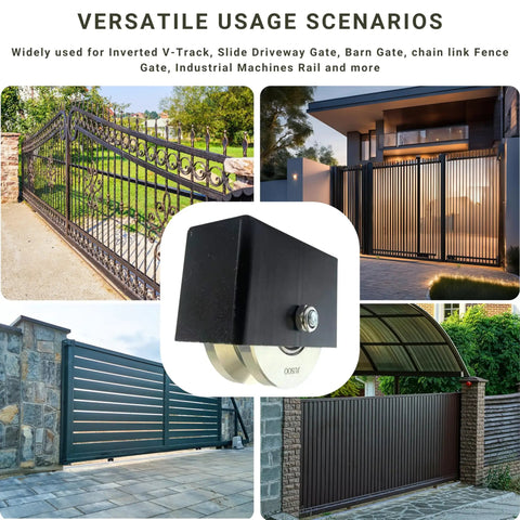 Collage showing Beefy Heavy Duty 4 Inch V Groove Wheel Set in use on various sliding gates, illustrating versatility.