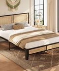 Sturdy Full Size Rattan Bed Frame Featuring Boho Woven Metal Headboard And Heavy Duty Slatted Platform Base For Memory Foam Mattresses Putting It Together Is A Total Breeze in a cozy bedroom setting.