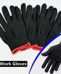 Pair of black knit work gloves with red wrist loops; front view.