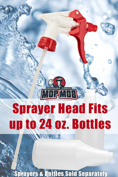 Leak-Free Industrial Spray Heads 10-Pack Built Different Chemical Resistant Trigger Fits 24-OZ Bottle Zero-Drip Design for Car Detailing, Window Washing, and Janitorial Heavy-Duty Workhorse Pro Kit sprayer head with red trigger and white nozzle.