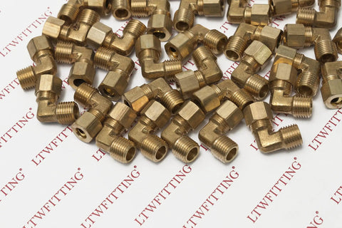 Heavy Duty Brass Compression Elbow 90 Degree Connector Fits 5 16 Inch Tubing With 1 4 Male Npt Thread Includes Nuts And Ferrules Bulk Pack Of Two Fifty scattered on surface.