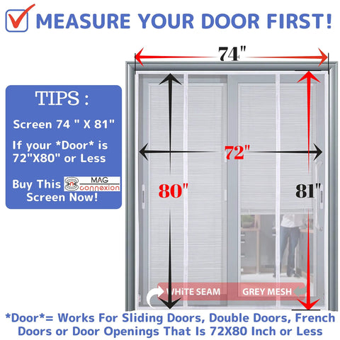 Image showing magnetic fiberglass door screen with 72x80 inch fit, highlighting measurement for installation advice.