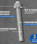 Heavy Duty 3/8 Inch By 5 Inch 304 Stainless Steel Wedge Anchors For Concrete And Cement, showing nut, washer, threaded bolt, and expansion wedge.