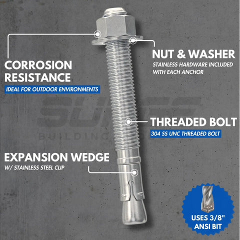 Heavy Duty 3/8 Inch By 5 Inch 304 Stainless Steel Wedge Anchors For Concrete And Cement, showing nut, washer, threaded bolt, and expansion wedge.