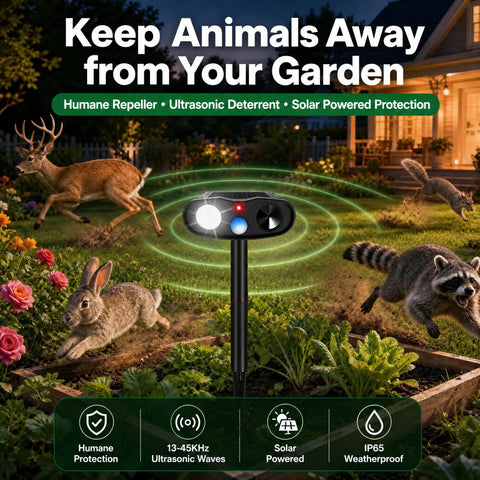 Solar Ultrasonic Animal Repeller With Motion Sensor Light Outdoor Deterrent To Keep Deer Raccoons Squirrels Rabbits Skunks Out Of Your Garden, solar stake in raised bed