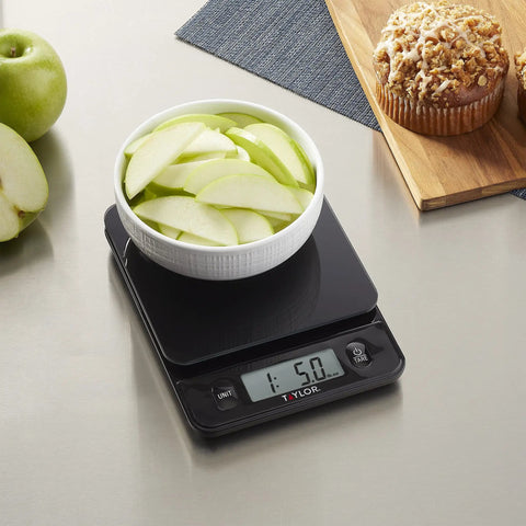 Glass Top Food Scale With Touch Controls 11 lb capacity weighing apple slices in kitchen setting