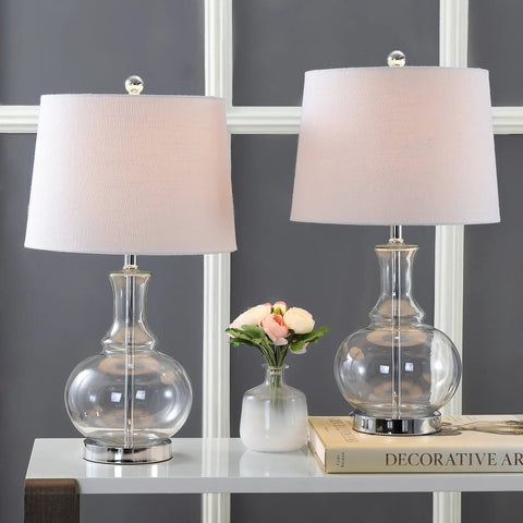 25 Inch Clear Chrome And Brass Glass Table Lamps Set Of 2 With White Linen Drum Shades, Modern Bedside Lamps Displayed in Living Room