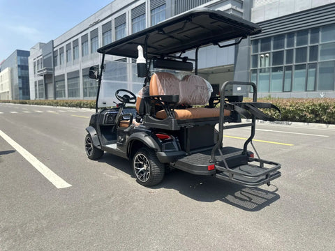 Premium Four Seater Electric Golf Cart Delivers Smooth All Terrain Ride Perfect For Weekend Warriors And Community Cruising Featuring Extended Battery Life Spacious Gray Interior And Eco Friendly Design, shown from the back.