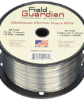 Spool of Workhorse Lightweight 16 Gauge Aluminum Fence Wire 1/4 Mile for field fencing, labeled 'Field Guardian', Made in USA