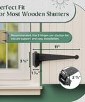 Pack Of 4 Black Offset Strap Lift Off Pintle Hinges Built To Last 11 Inch By Two And Five Eighths Inch Wrought Iron Pin Hinges For Shutters Exterior Doors Or Gates Heavy Duty Hardware With Rust Resistant Powder Coat Finish installed on wooden shutter