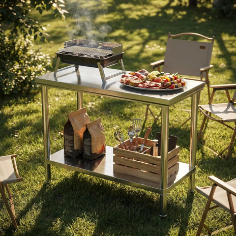 Premium 40x20 Stainless Steel Work Table Beefy Frame Heavy Duty Prep Station With Lower Shelf 600 Pound Capacity outdoors with grill.