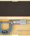Outside Micrometer 0 To 1 Inch Range With Carbide Measuring Faces And Ratchet Stop Satin Chrome Finish Hammertone Baked Enamel 0.0001 Inch Graduation Plus Or Minus 0.0001 Inch Accuracy Supplied In Fitted Plastic Case. in open plastic case