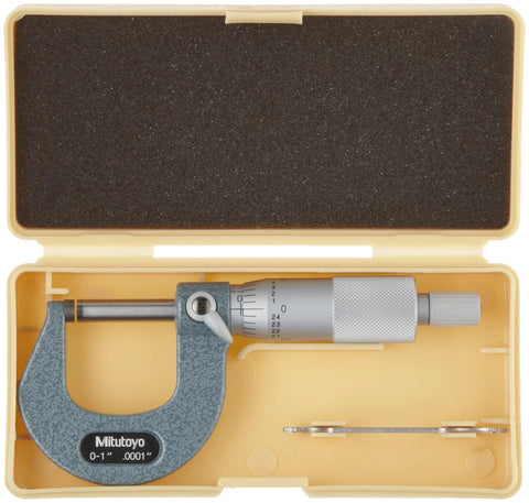Outside Micrometer 0 To 1 Inch Range With Carbide Measuring Faces And Ratchet Stop Satin Chrome Finish Hammertone Baked Enamel 0.0001 Inch Graduation Plus Or Minus 0.0001 Inch Accuracy Supplied In Fitted Plastic Case. in open plastic case