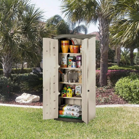 Compact Outdoor Resin Storage Shed with Floor for Home and Backyard weather resistant, shown open with garden tools and supplies