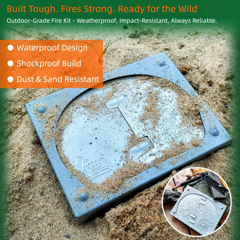 Survival Fire Starter Kit with Ferro Rod and Magnesium Fire Starter, compact stove covered in sand, outdoor camping gear.