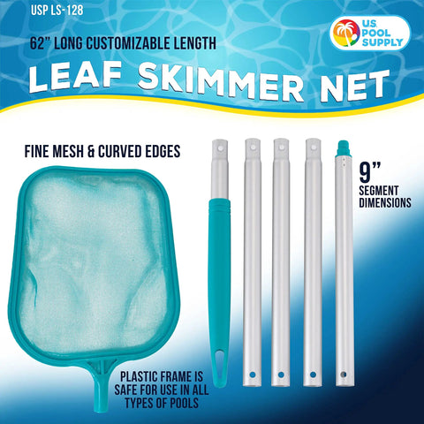Five Foot Leaf Skimmer Pool Net With Adjustable Aluminum Pole Sections Five To Nine Inch Connectors, Fine Mesh Debris Net