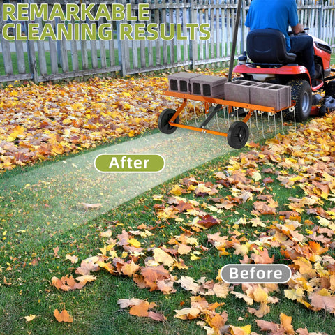 40 Inch Orange Tow Behind Dethatcher With 24 Spring Steel Tines clearing leaves from large lawn