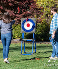 Outdoor game with Eight Foam And Plastic Axes Axe Throwing Game Set With Heavy Duty Steel Frame over five feet tall and bristle target.