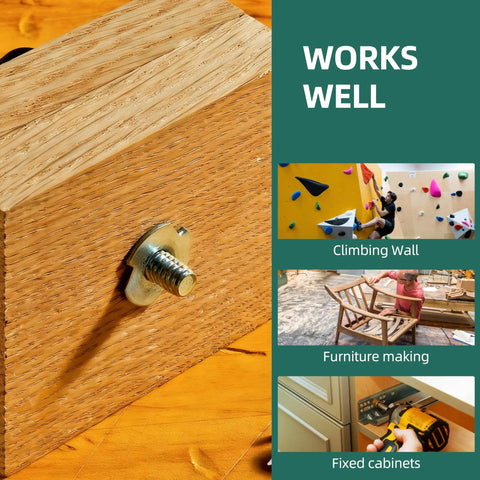 50 Piece 3/8-16 Tee Nuts Zinc Plated Steel Fasteners Featuring Four Prongs For Rock Solid Wood Furniture Assembly shown on wood.