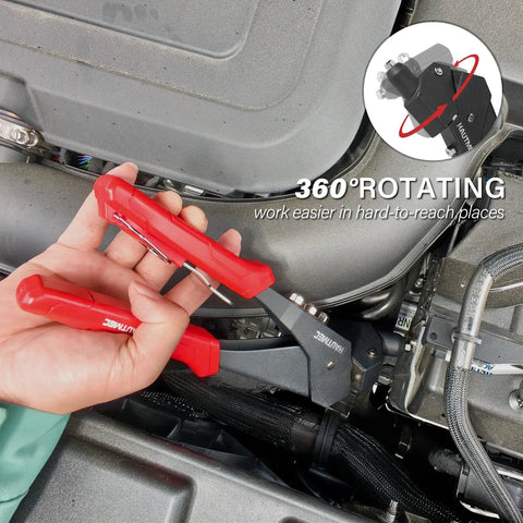 All In One 360 Degree Swivel Head Pop Rivet Gun Kit with 120 blind rivets in use in tight spaces for automotive repairs.