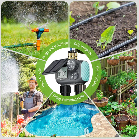 Two Zone Solar Water Timer For Garden Hose With Auto Manual Rain Delay Modes, images of irrigation methods and potted plants