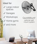 20 Inch High Velocity Wall Mount Fan With Pivoting Head in office setting with wall mount bracket, ideal for garages and workshops
