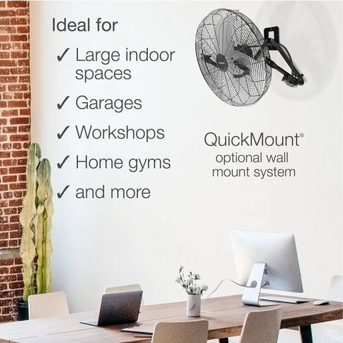 20 Inch High Velocity Wall Mount Fan With Pivoting Head in office setting with wall mount bracket, ideal for garages and workshops