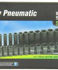 Box of One Quarter Inch Drive 28 Piece Deep And Standard Length Metric Master Socket Set With Six Point Sizes From 4mm To 15mm In Both Standard And Deep Lengths For Auto Tech And Home Garage Projects.