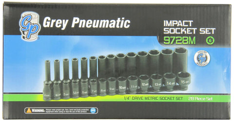 Box of One Quarter Inch Drive 28 Piece Deep And Standard Length Metric Master Socket Set With Six Point Sizes From 4mm To 15mm In Both Standard And Deep Lengths For Auto Tech And Home Garage Projects.