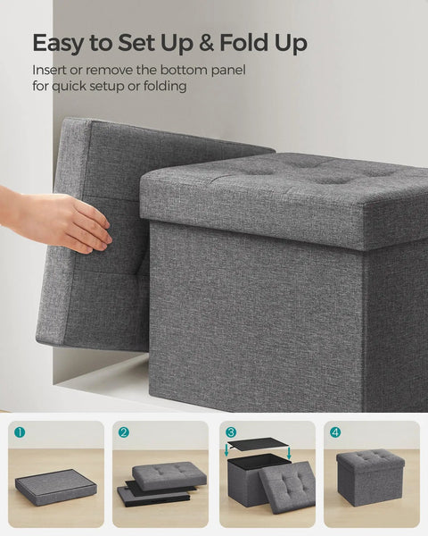 Mazie Folding Storage Ottoman Foot Rest Stool With Quick Foldaway Design, setup instructions, dark gray, 12.2 x 16.1 x 12.2 inches.