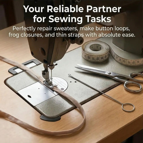 Five Piece Loop Turner Sewing Tool Set with sewing machine, scissors, and measuring tape on a wooden table.