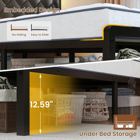 Modern Full Size Bed Frame With App Controlled LED Lights And Built In Dual USB Ports, Padded PU Leather Headboard, Heavy Duty Steel Slats, Zero Hassle Setup For Ultimate Nightly Vibes showing under bed storage and embedded design.